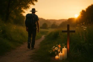 Peregrino contemplando un santuario en una ruta rural, con luz suave y atmósfera espiritual, simbolizando milagros modernos.