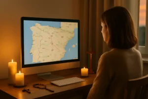 Persona frente a una pantalla con una ruta de peregrinación virtual, rodeada de elementos religiosos y luz cálida, simbolizando la fe a distancia