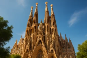 Fachada iluminada da Sagrada Família em Barcelona sob céu azul, destacando a arquitetura única de Gaudí.