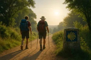 Dois peregrinos caminhando ao amanhecer pelo Caminho de Santiago, com mochilas e bastões, ao lado de um marco com a vieira amarela, simbolizando fé e direção.