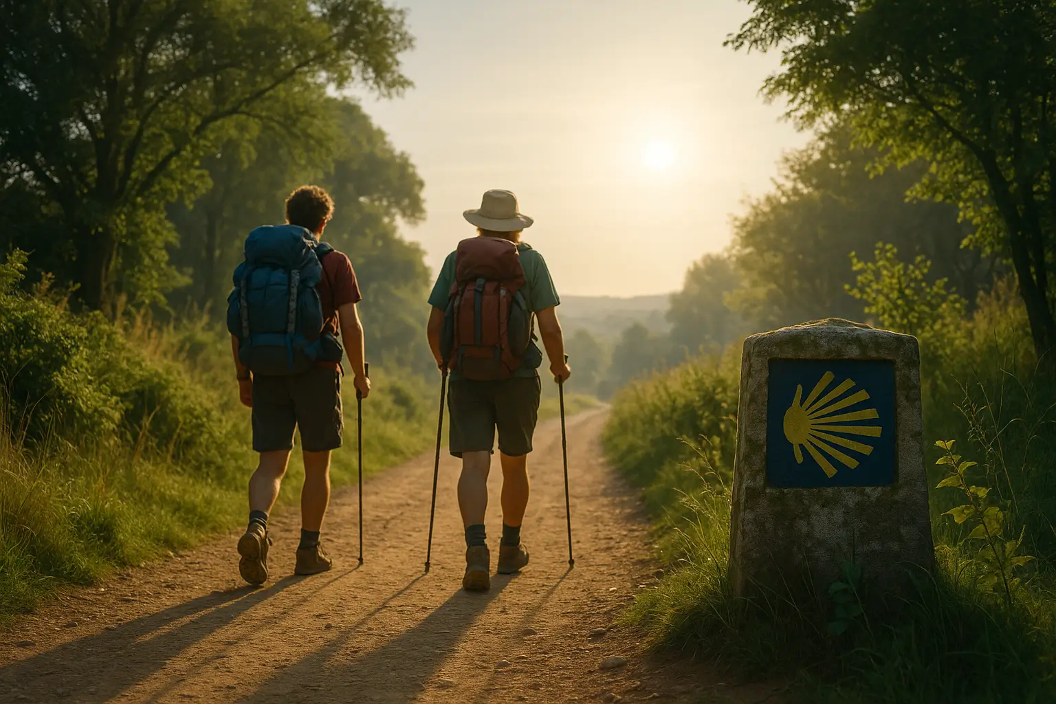 Dois peregrinos caminhando ao amanhecer pelo Caminho de Santiago, com mochilas e bastões, ao lado de um marco com a vieira amarela, simbolizando fé e direção.