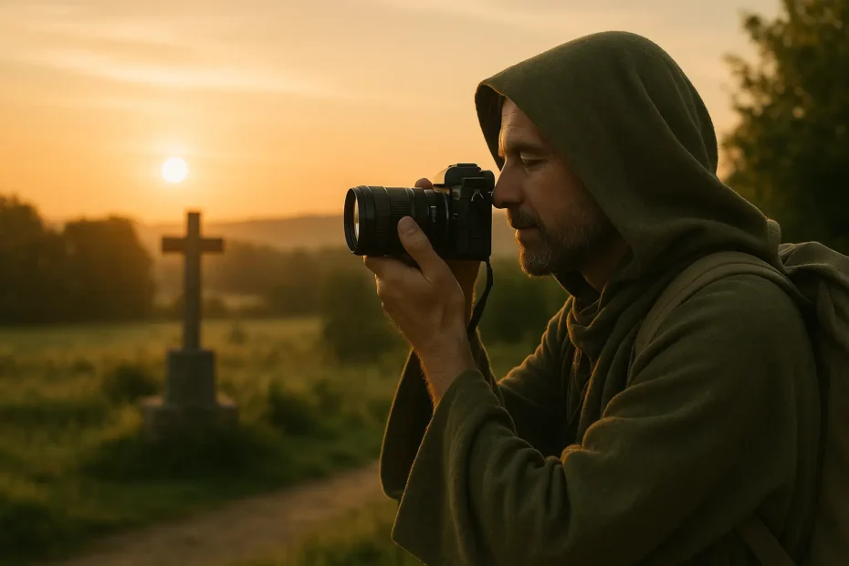 Fotógrafo capturando um momento espiritual no Camino de Santiago