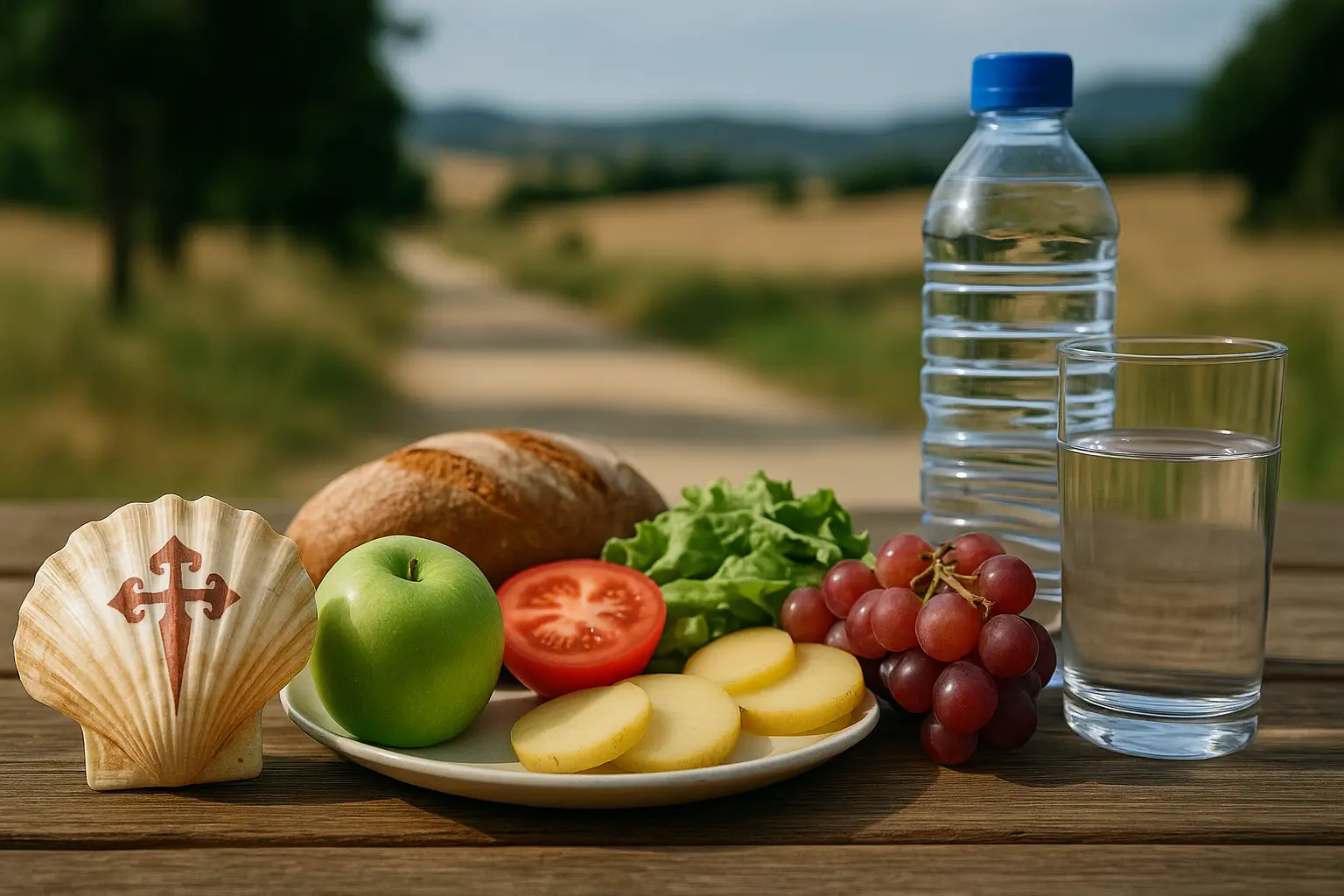 Plato saludable para peregrinos en el Camino de Santiago, con frutas, pan y agua sobre una mesa al aire libre.