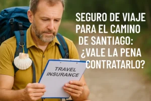 peregrino revisando su póliza de seguro de viaje en el Camino de Santiago