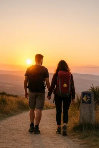 Casal de peregrinos caminhando de mãos dadas ao pôr do sol no Caminho de Santiago