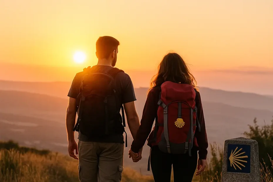 Casal de peregrinos caminhando de mãos dadas ao pôr do sol no Caminho de Santiago