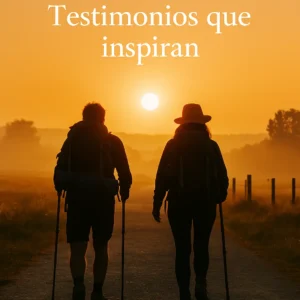 Pareja de peregrinos caminando por el Camino de Santiago al amanece
