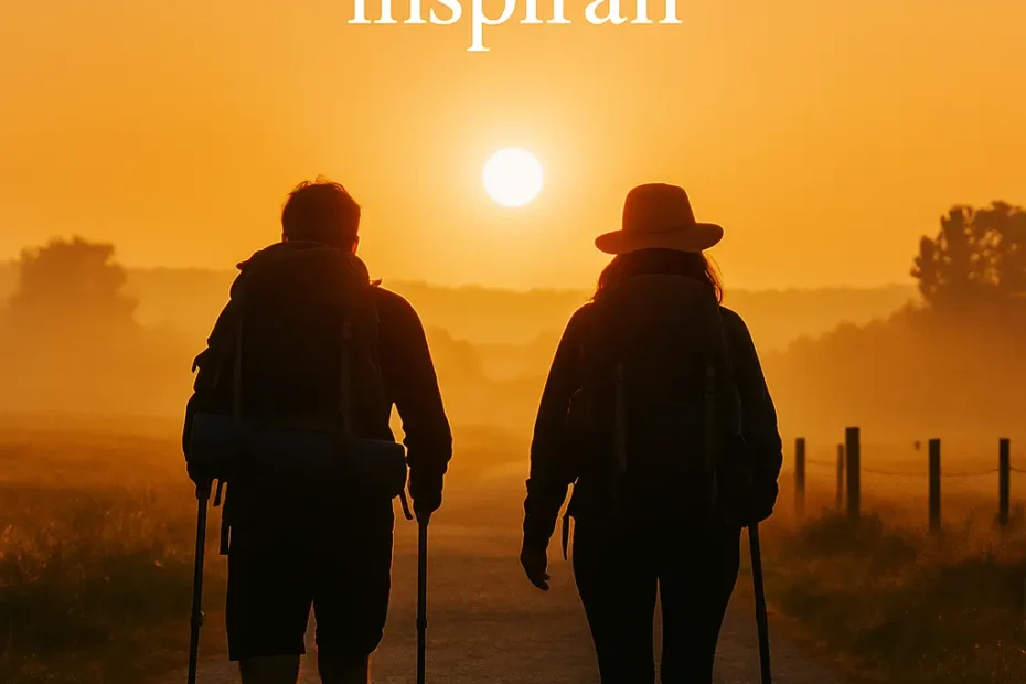 Pareja de peregrinos caminando por el Camino de Santiago al amanece