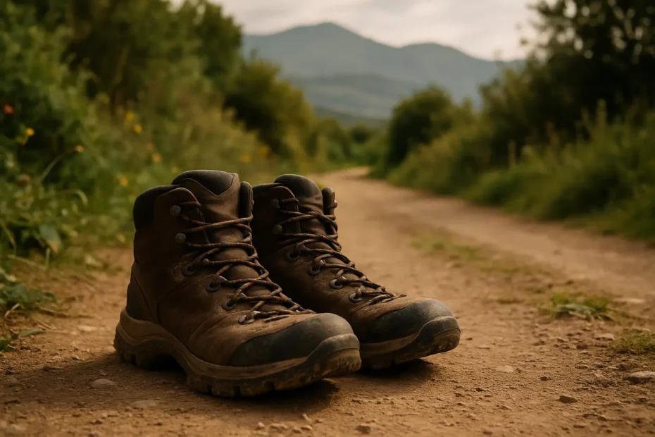 Botas de senderismo sobre un camino de tierra en el Camino de Santiago, rodeado de naturaleza