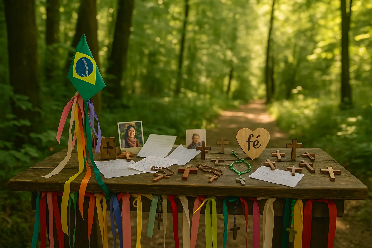 Panel lleno de cintas, banderas y mensajes dejados por peregrinos como ofrendas en el Camino de Santiago