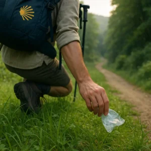 Mano de un peregrino realizando una peregrinación sostenible al recoger un residuo del suelo en el Camino de Santiago.