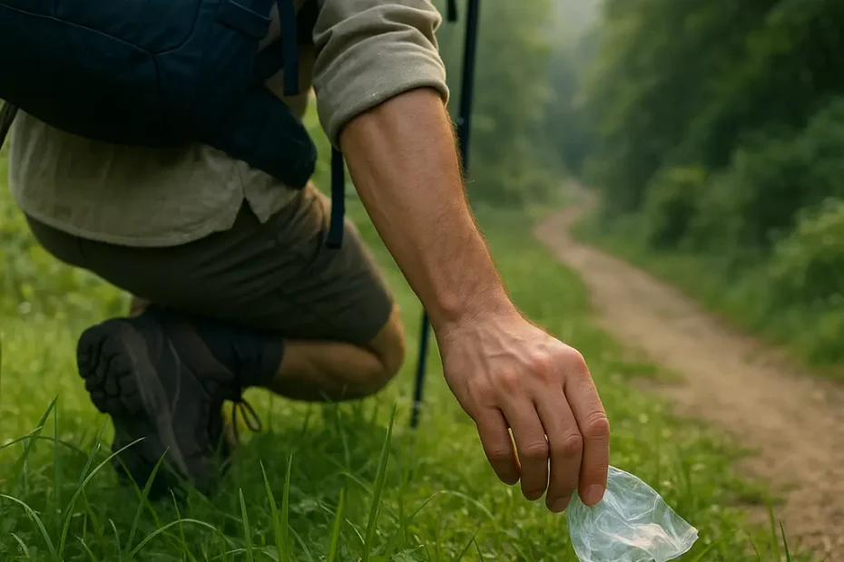 Mano de un peregrino realizando una peregrinación sostenible al recoger un residuo del suelo en el Camino de Santiago.