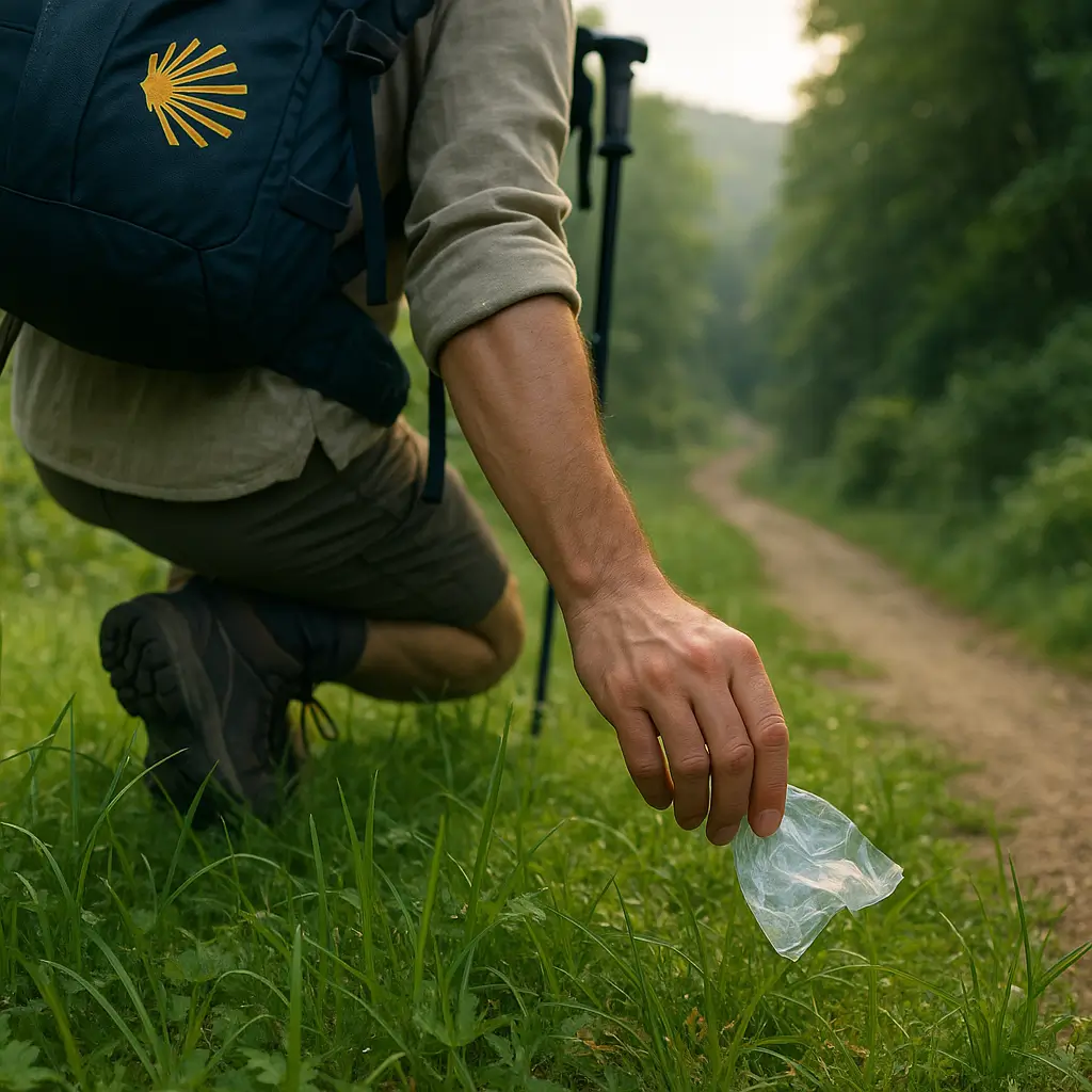 Mano de un peregrino realizando una peregrinación sostenible al recoger un residuo del suelo en el Camino de Santiago.