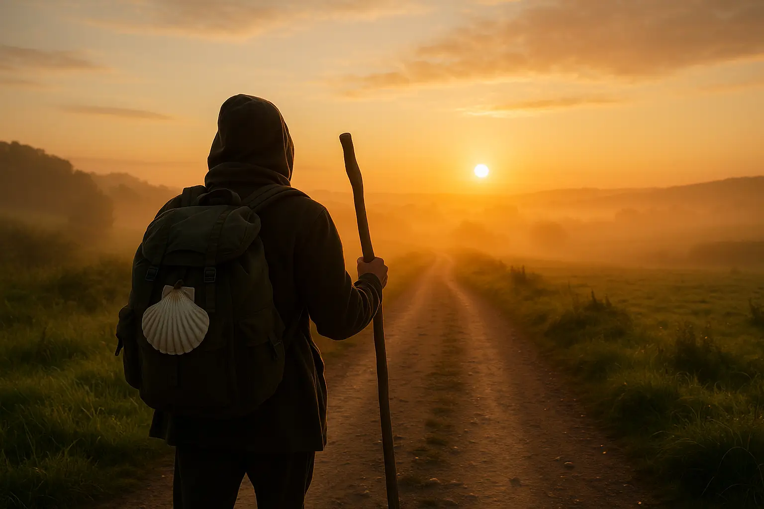 Guía para elegir primer bastón de peregrino con una imagen de un peregrino al amanecer.