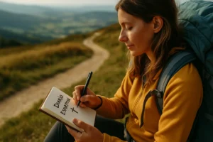 Peregrina escribiendo en su diario espiritual durante el Camino de Santiago