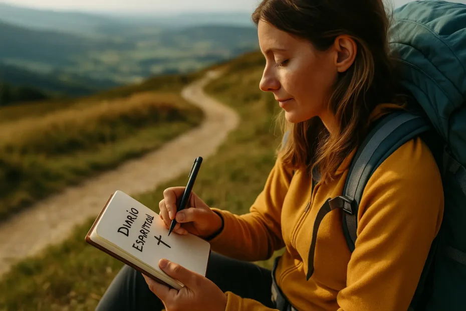 Peregrina escribiendo en su diario espiritual durante el Camino de Santiago