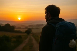 Peregrino emocionado contemplando el amanecer en el Camino de Santiago, símbolo de transformación interior.