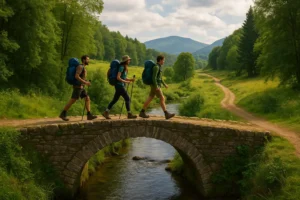 Peregrinos cruzando un puente de piedra en una ruta alternativa del Camino de Santiago, rodeados de naturaleza