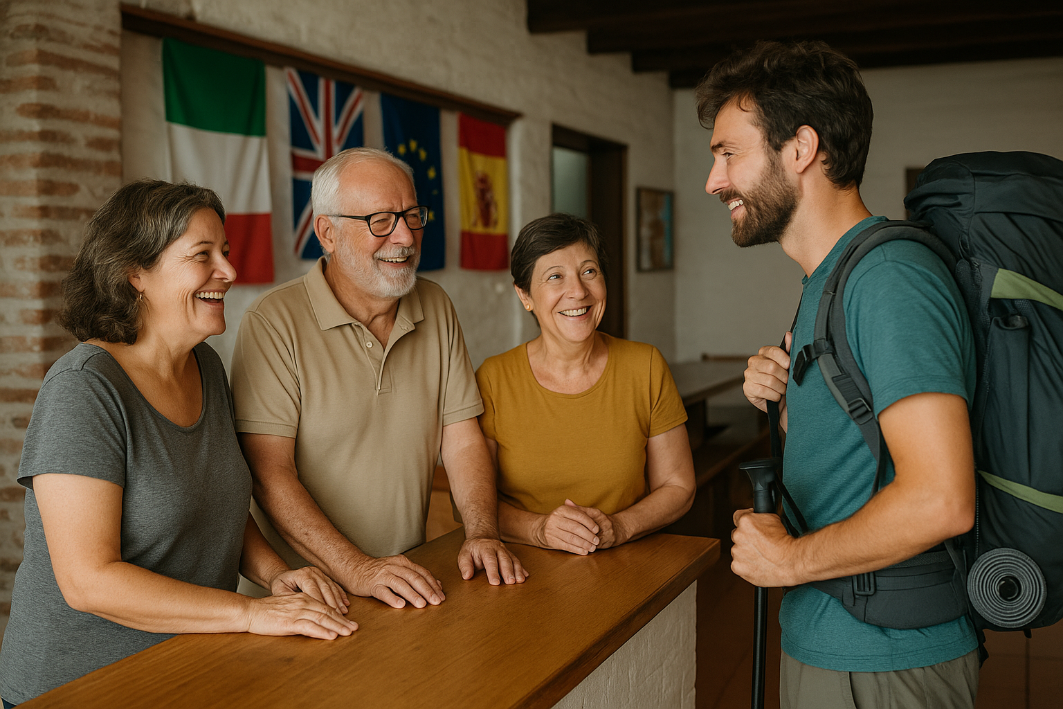 Tres hospitaleros voluntarios conversan y sonríen con un peregrino dentro de un albergue sencillo en el Camino de Santiago, con banderas internacionales al fondo, simbolizando hospitalidad y amistad multicultural.