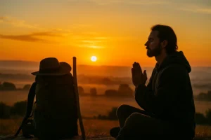 oración y meditación Camino de Santiago al amanecer
