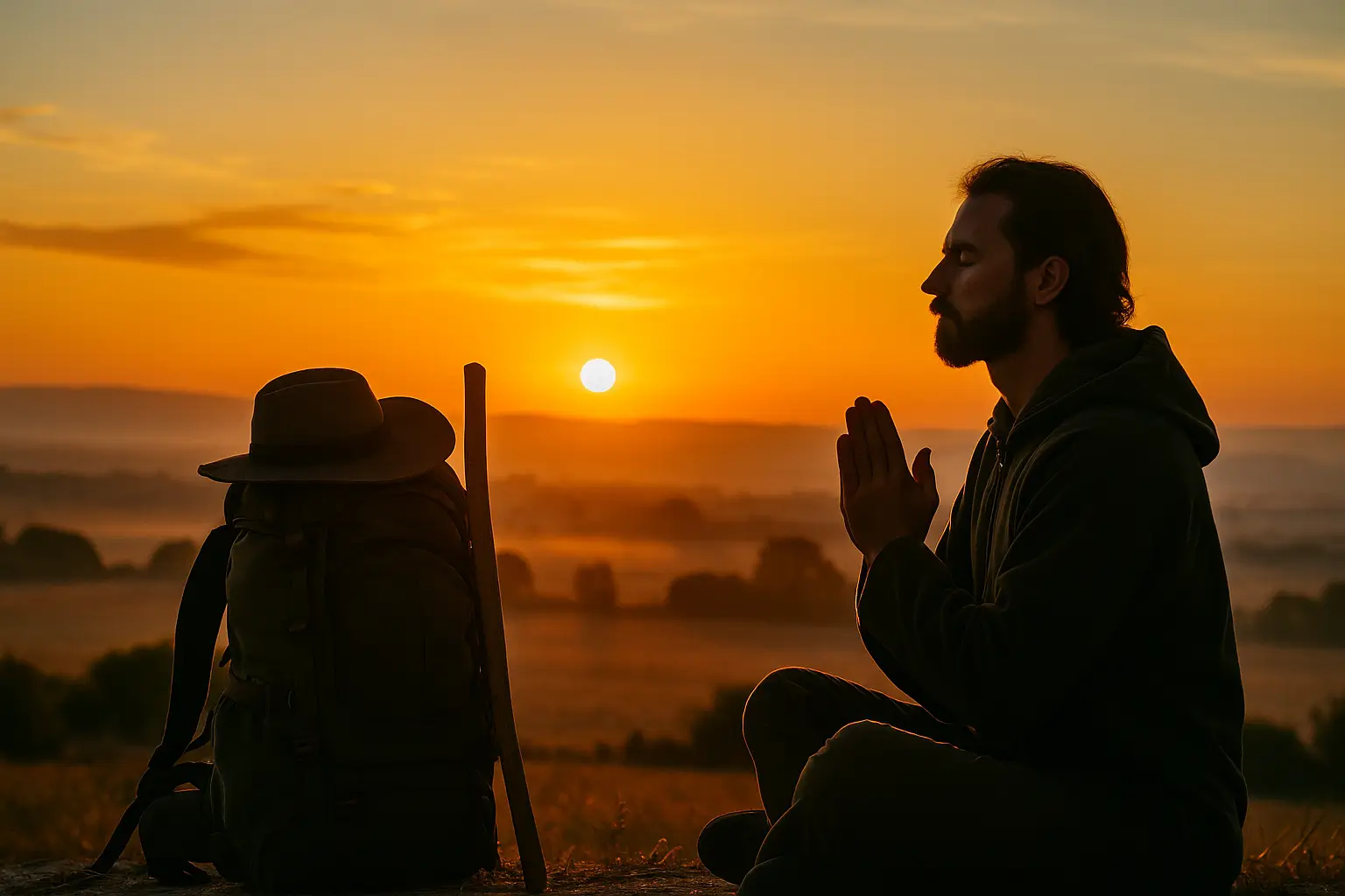 oración y meditación Camino de Santiago al amanecer