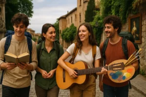 Grupo de peregrinos explorando una ruta cultural con libros, instrumentos musicales y arte