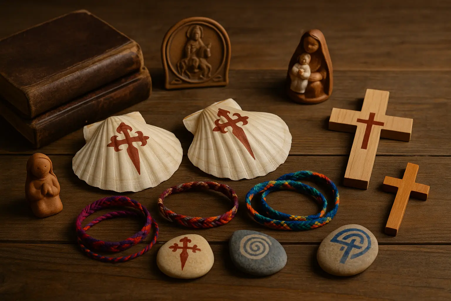 Souvenirs artesanales y espirituales típicos del Camino de Santiago, como conchas, cruces, pulseras y arte local en una mesa de madera.