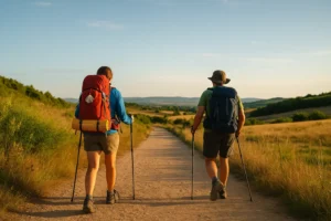 Peregrinos caminhando pelo Caminho de Santiago na Espanha, mochila e bastões de caminhada, paisagem natural.