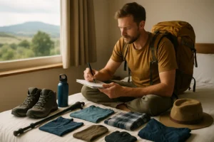 Peregrino preparando mochila com checklist para iniciar sua peregrinação