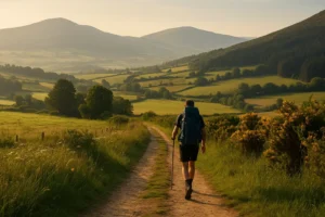 Paisaje de una ruta alternativa del Camino de Santiago en 2025, con peregrino caminando al atardecer entre colinas y montañas verdes.