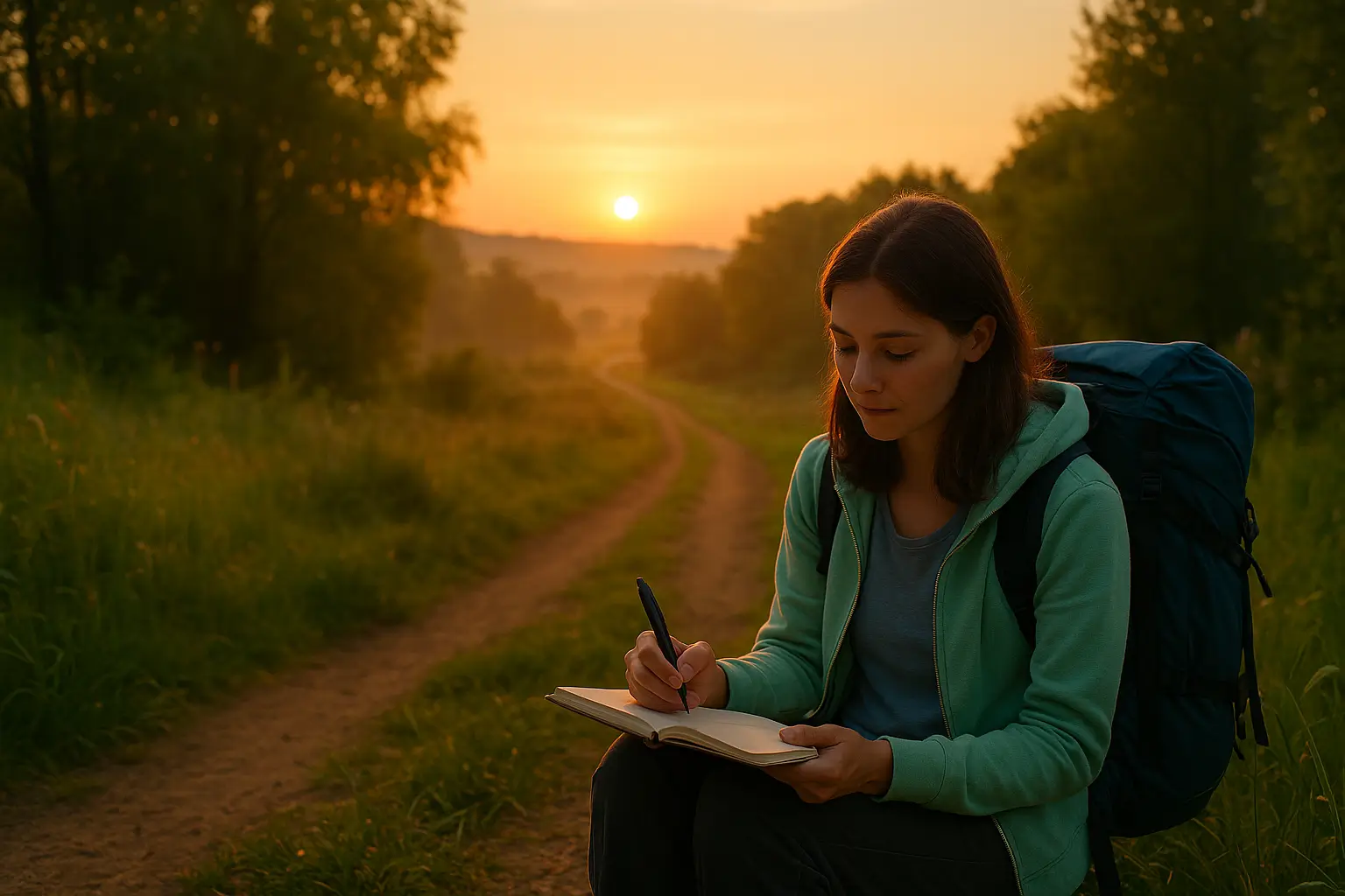 Escena de una peregrinación al amanecer en un camino rodeado de naturaleza