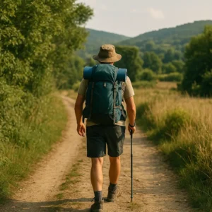 Peregrino solo caminando en el Camino de Santiago rodeado de naturaleza