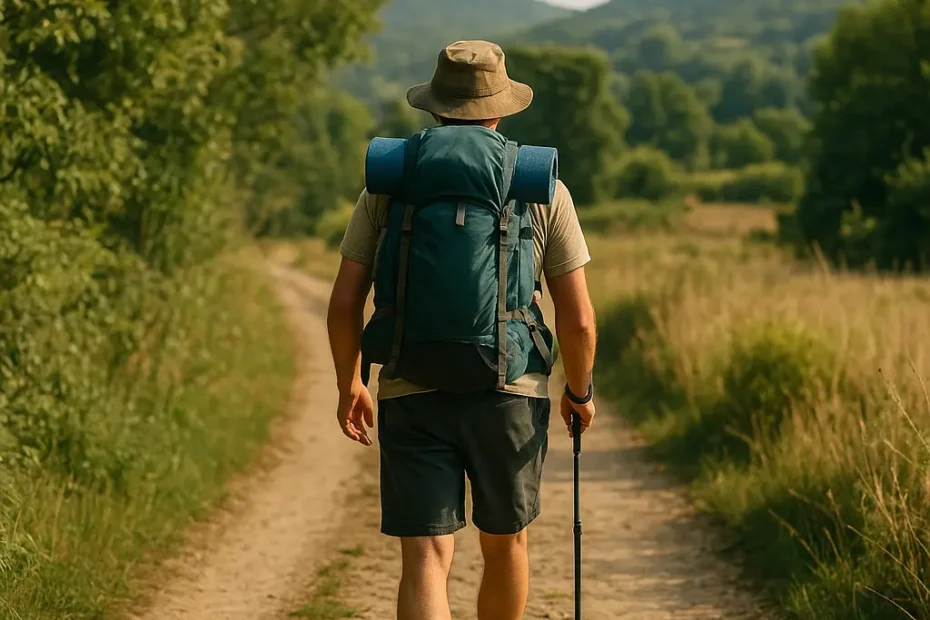 Peregrino solo caminando en el Camino de Santiago rodeado de naturaleza