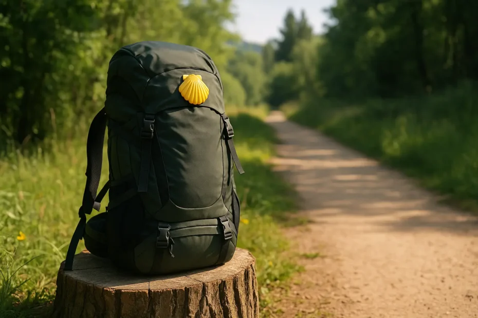 Mochila para peregrino del Camino de Santiago sobre un fondo de naturaleza Categoria: Equipamiento y Reviews