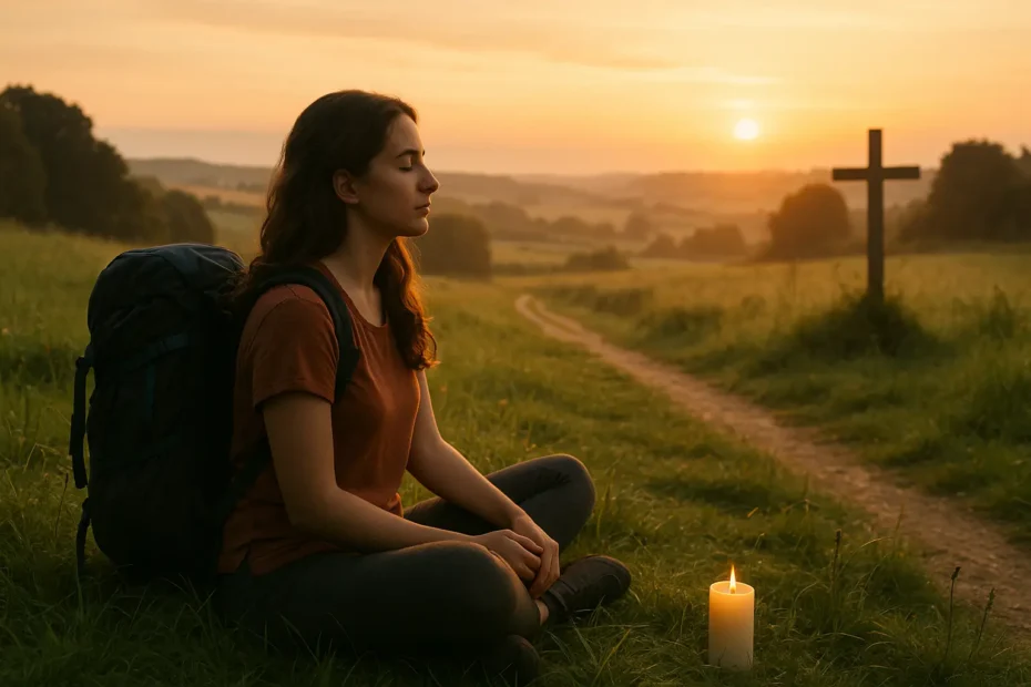 Peregrina sentada en medio de la naturaleza, relajándose y reflexionando durante el Camino de Santiago