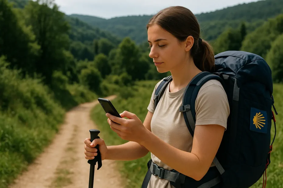 Peregrino utilizando su smartphone mientras recorre el Camino de Santiago rodeado de naturaleza Se precisar de outra opção (mais feminina, casal, detalhe diferente, etc), só pedir que crio e já mando aqui!