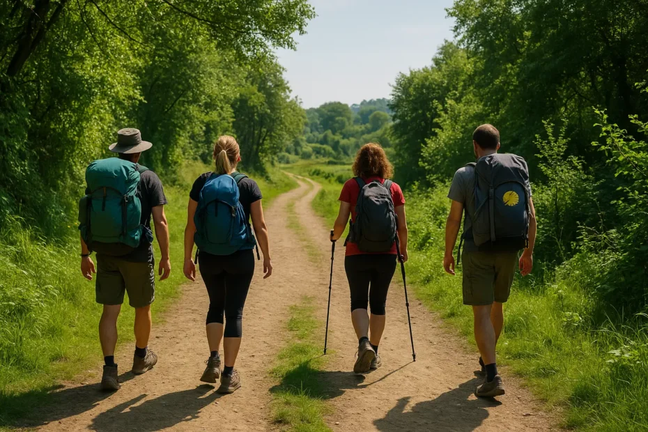 Peregrinos caminando por un sendero verde en el Camino Portugués rumbo a Santiago