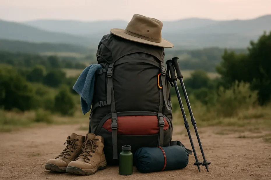 Mochila de peregrino con botas, bastones y objetos esenciales al aire libre