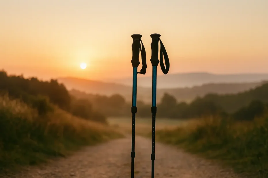 Bastones de senderismo apoyados en un sendero al amanecer, listos para el Camino