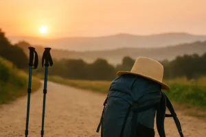 Mochila ligera, sombrero y bastones listos para el Camino de Santiago en verano