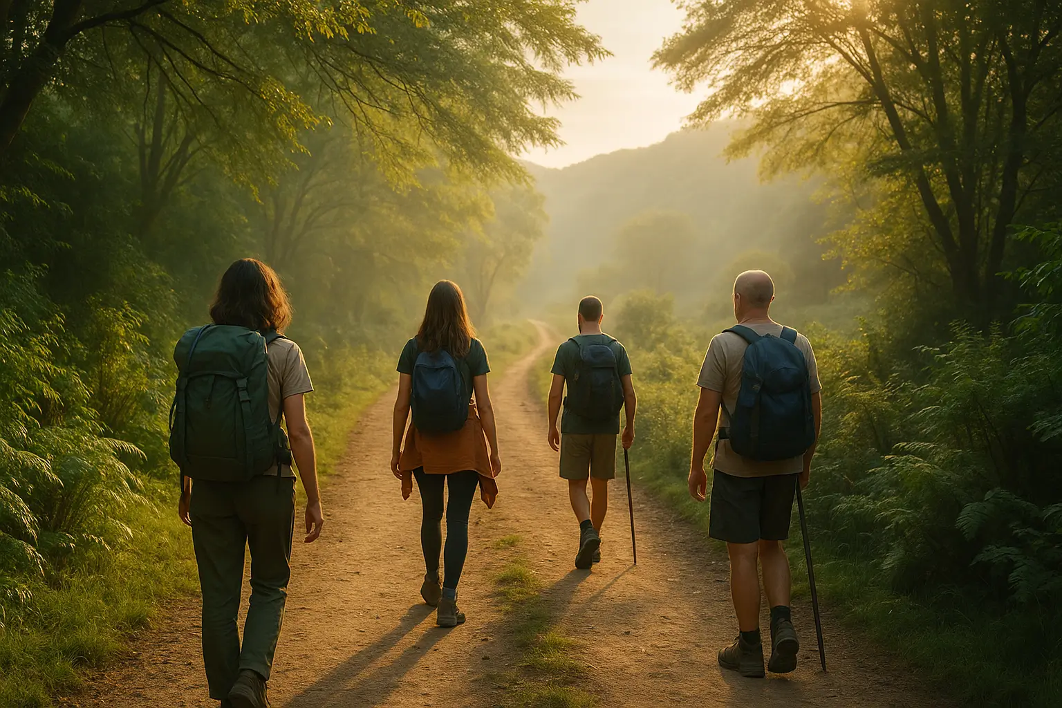 Peregrinos disfrutando de la naturaleza y desconectados de la tecnología durante una peregrinación espiritual