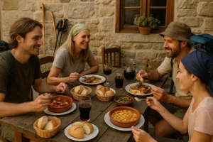 Peregrinos comiendo platos típicos en una terraza rústica del Camino de Santiago