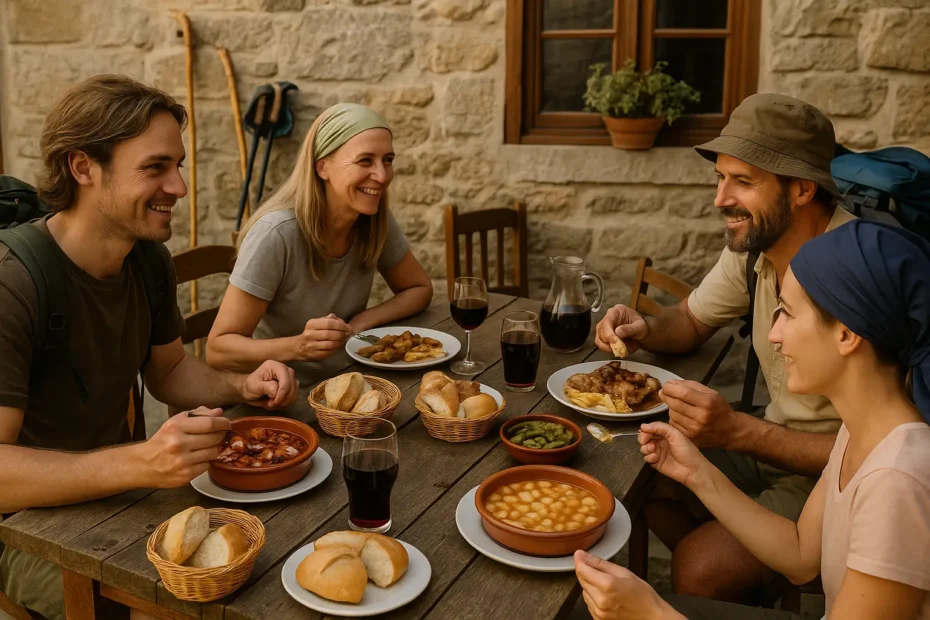 Peregrinos comiendo platos típicos en una terraza rústica del Camino de Santiago
