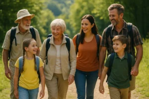 Família caminhando unida em trilha de peregrinação, com crianças e idosos sorrindo