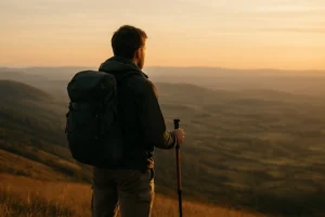 Peregrino contemplando el paisaje en soledad durante el Camino de Santiago