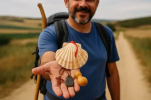 Peregrino mostrando una concha y otros amuletos tradicionales en el Camino de Santiago