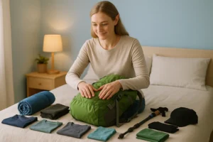 Peregrina organizando una mochila ultraligera para el Camino de Santiago