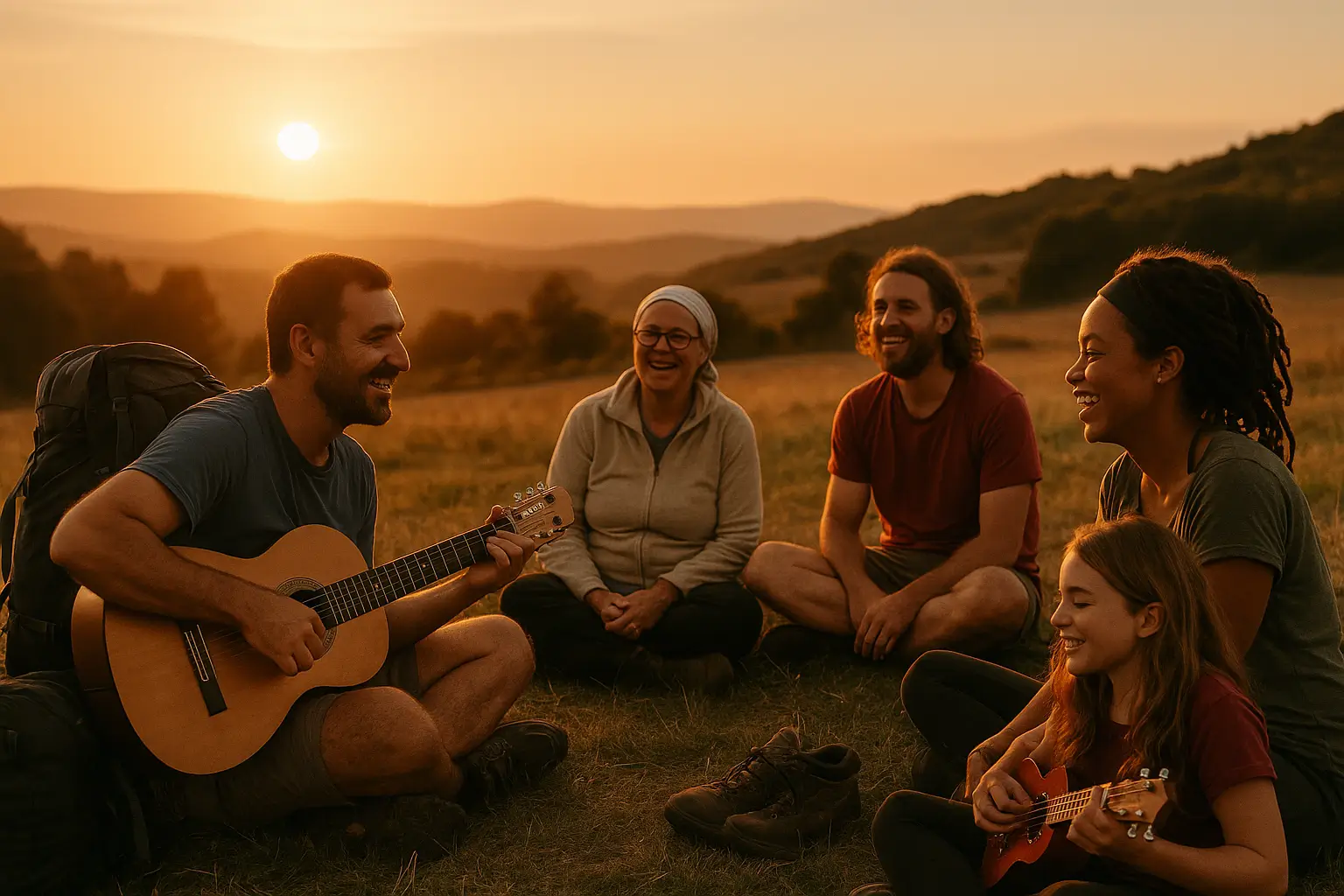 Peregrinos disfrutando de un concierto improvisado al atardecer en el Camino de Santiago