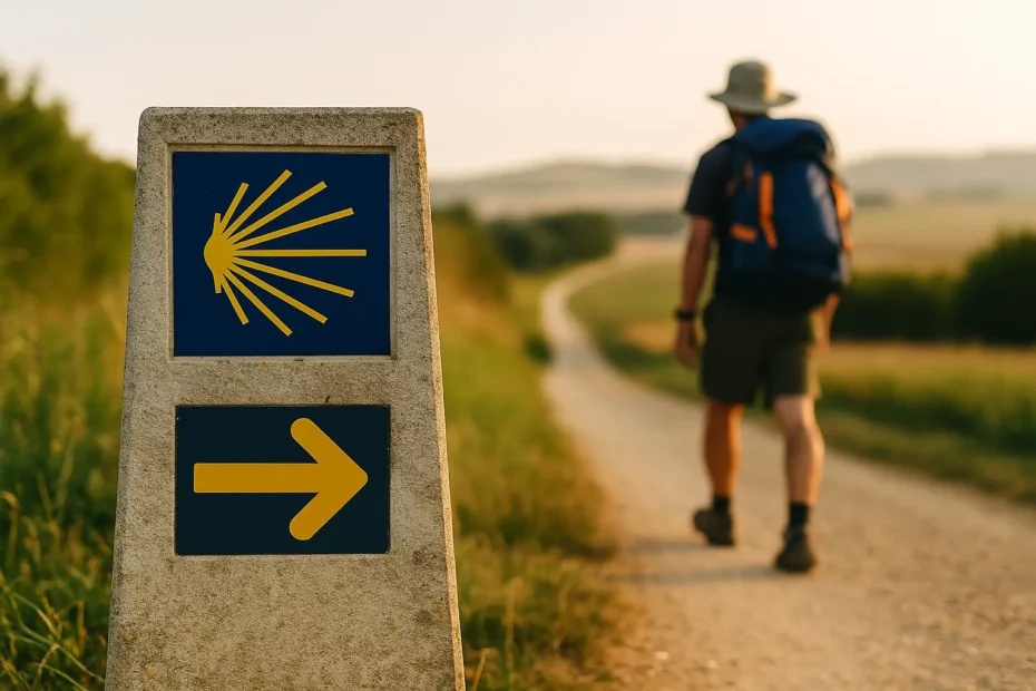 Peregrino siguiendo señal amarilla del Camino de Santiago en sendero rural