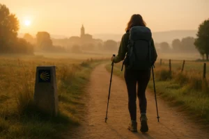 Peregrina caminando sola en tramo seguro del Camino de Santiago al amanecer
